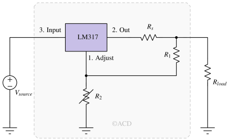 LM317 voltage regulator with current limit.
